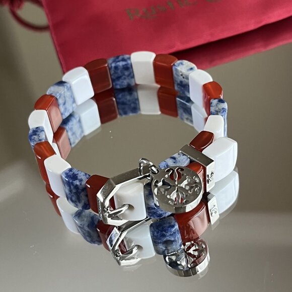 New Rustic Cuff Patriotic USA Natural Gemstone Charay Stretchy Bracelet - Picture 2 of 4